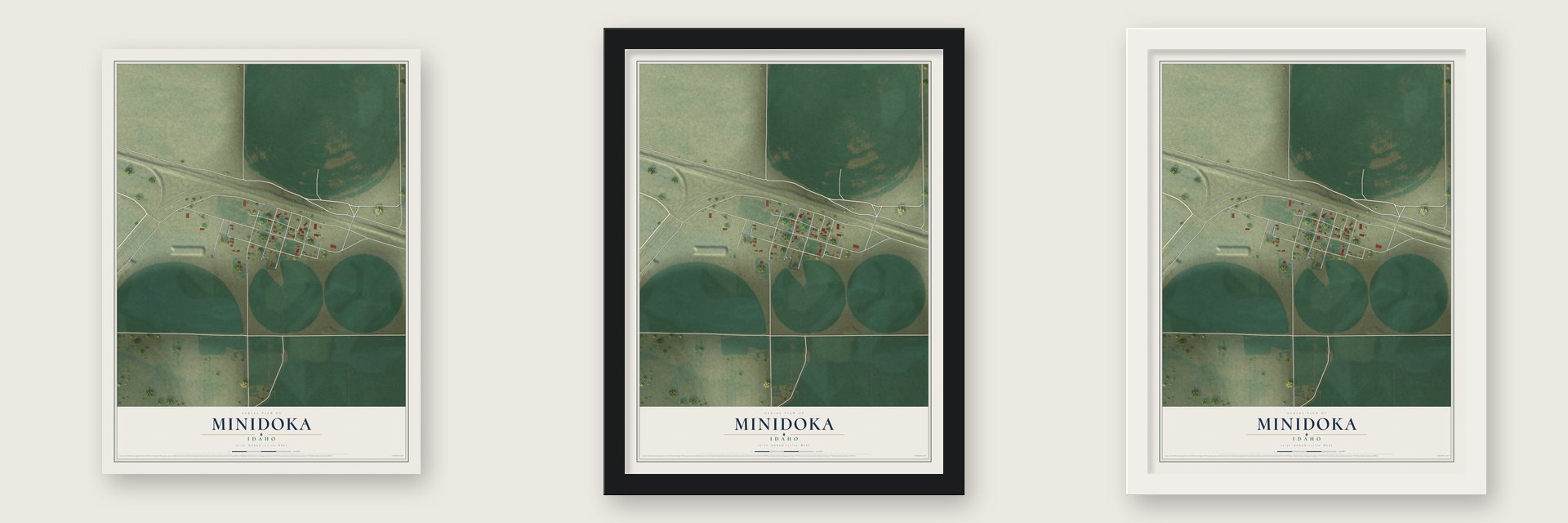 Minidoka, Idaho map unframed, in a black wood frame and in a white wood frame