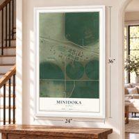 Minidoka, Idaho map, 24 x 36 inch print in a white frame by a staircase