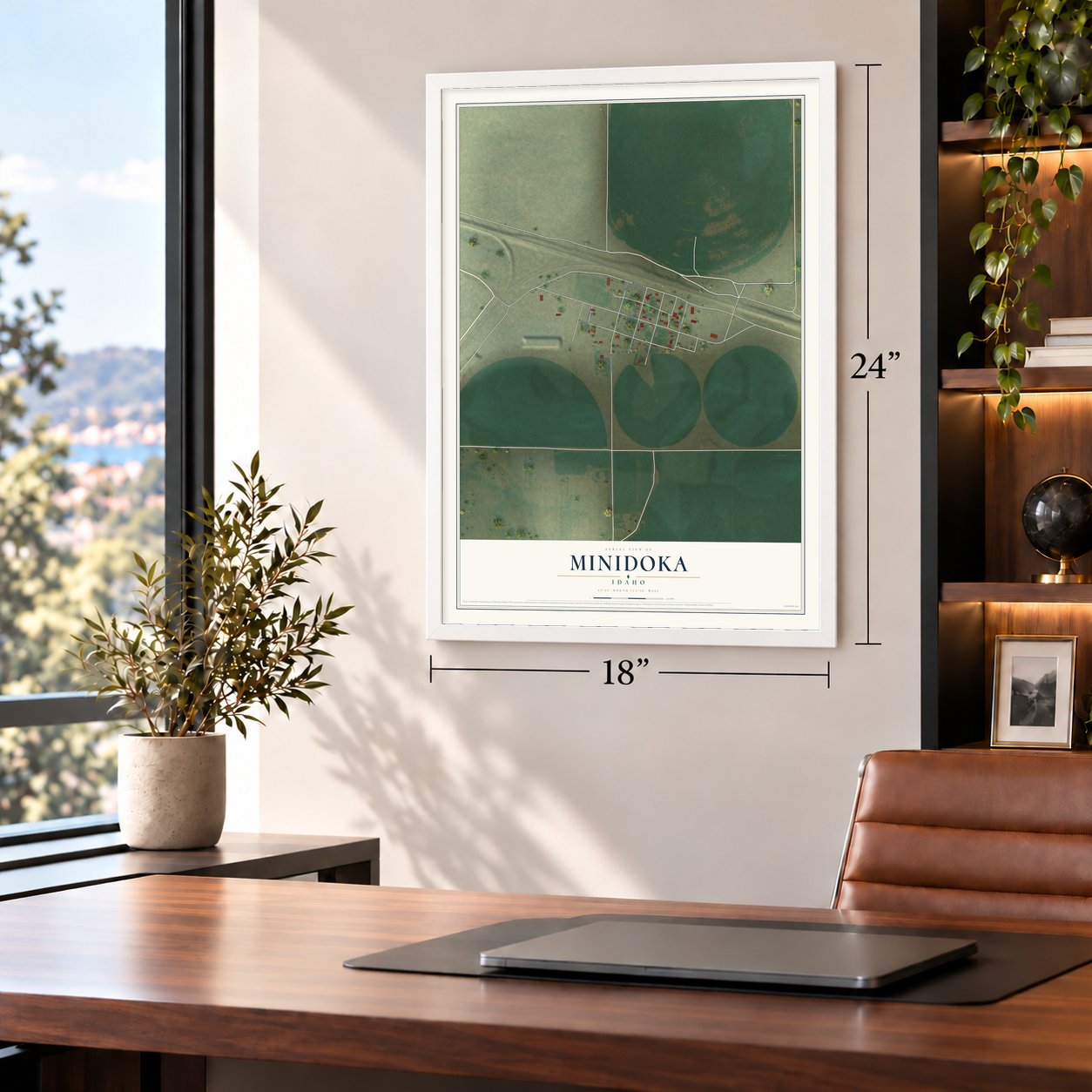 Minidoka, Idaho map, 18 x 24 inch print in a white frame in a home office