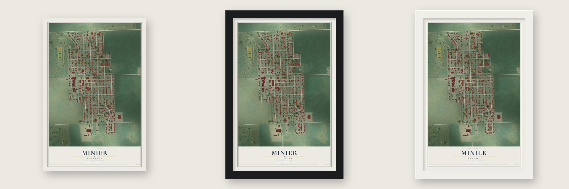 Minier, Illinois map unframed, in a black wood frame and in a white wood frame