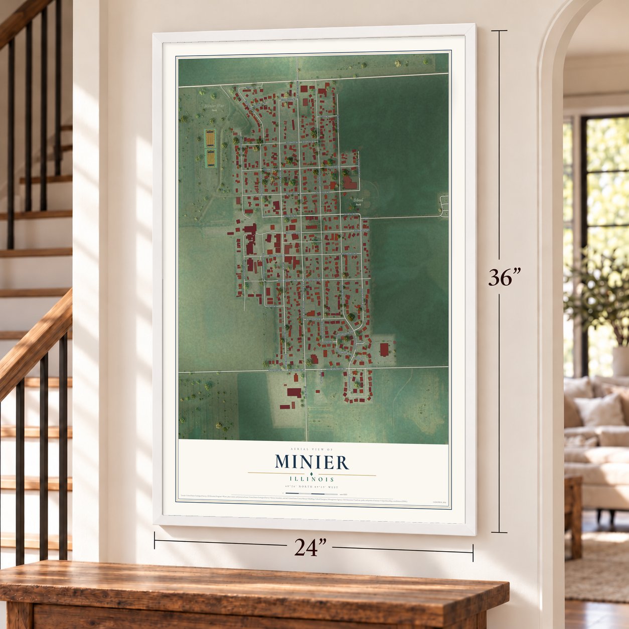 Minier, Illinois map, 24 x 36 inch print in a white frame by a staircase