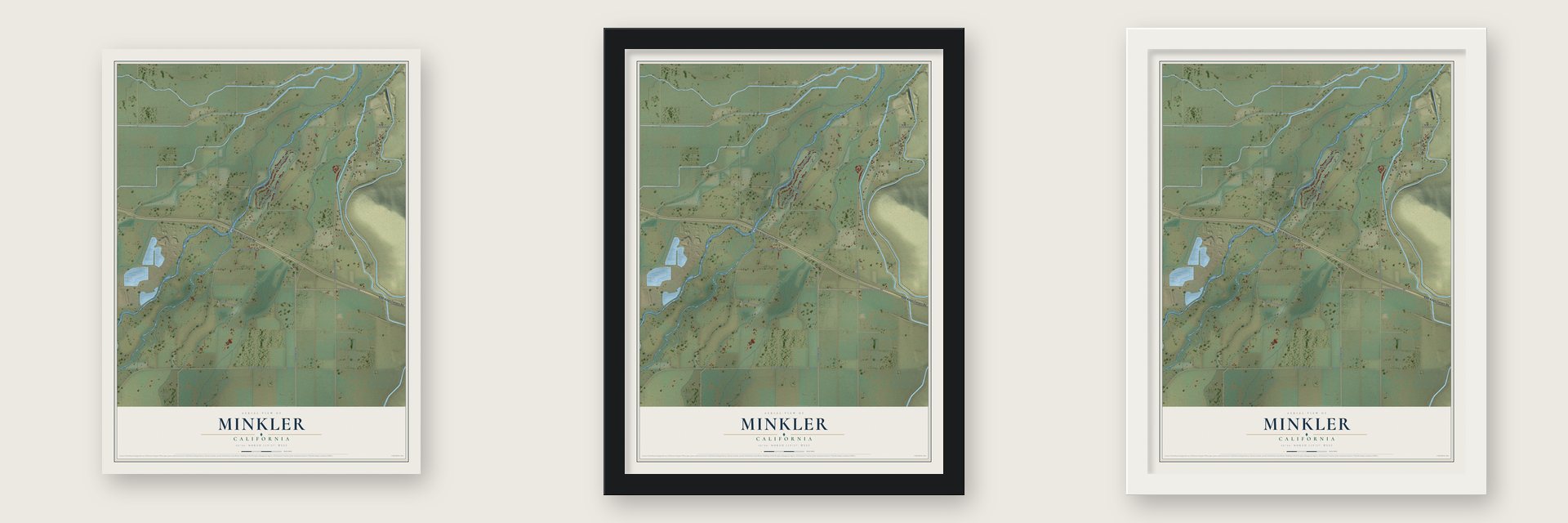 Minkler, California map unframed, in a black wood frame and in a white wood frame