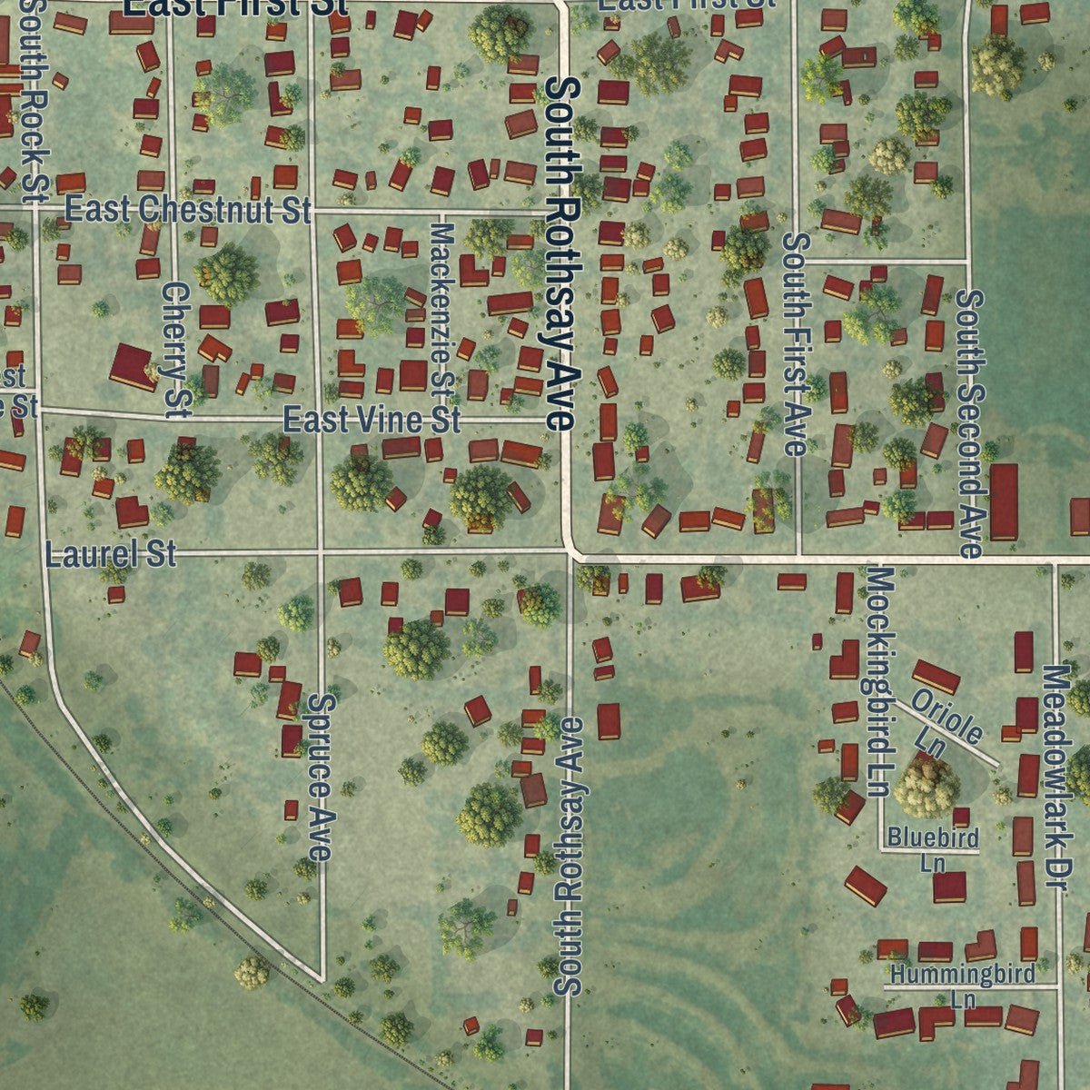 Second close-up of the map of Minneapolis, Kansas print showing more streets and buildings