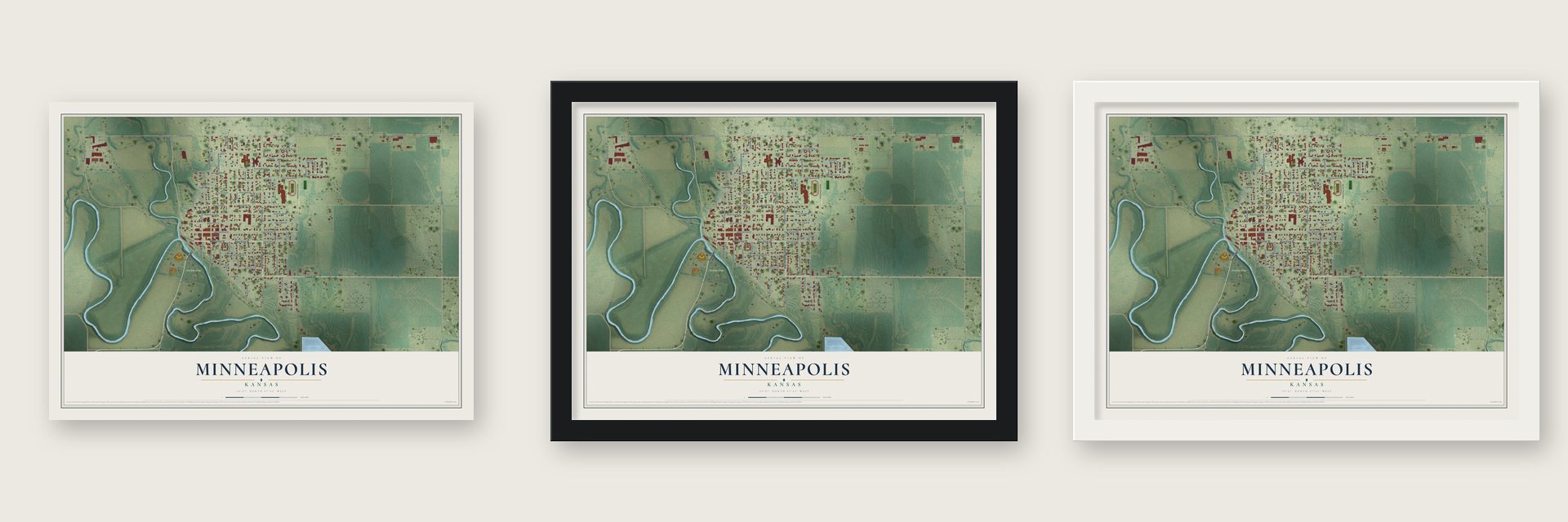 Minneapolis, Kansas map unframed, in a black wood frame and in a white wood frame