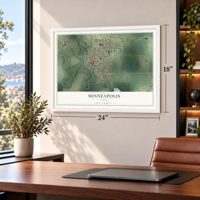 Minneapolis, Kansas map, 18 x 24 inch print in a white frame in a home office