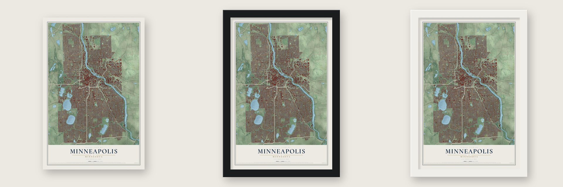 Minneapolis, Minnesota map unframed, in a black wood frame and in a white wood frame
