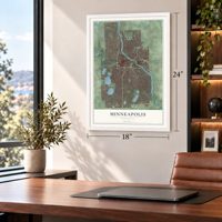 Minneapolis, Minnesota map, 18 x 24 inch print in a white frame in a home office