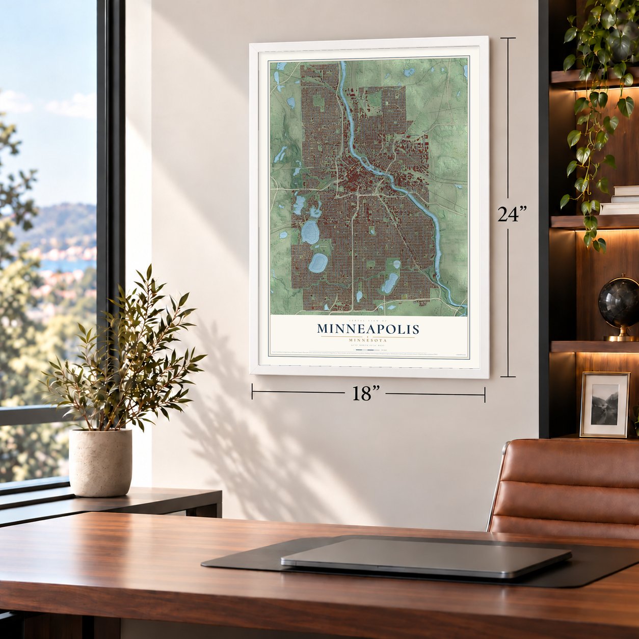 Minneapolis, Minnesota map, 18 x 24 inch print in a white frame in a home office
