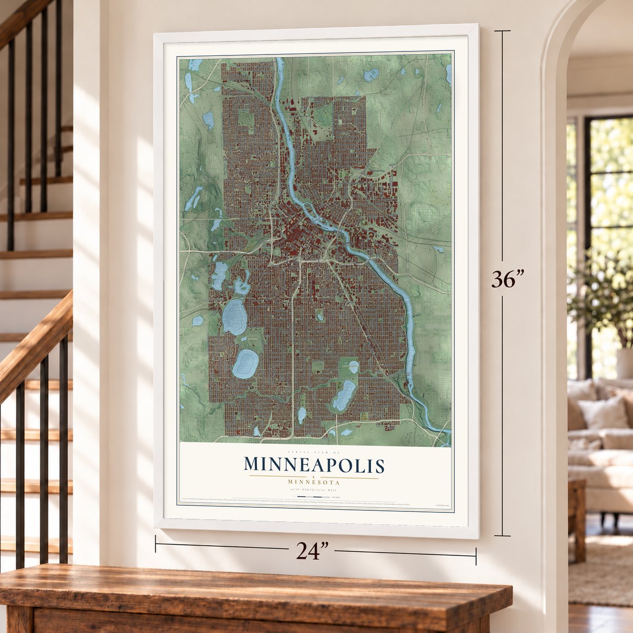 Minneapolis, Minnesota map, 24 x 36 inch print in a white frame by a staircase
