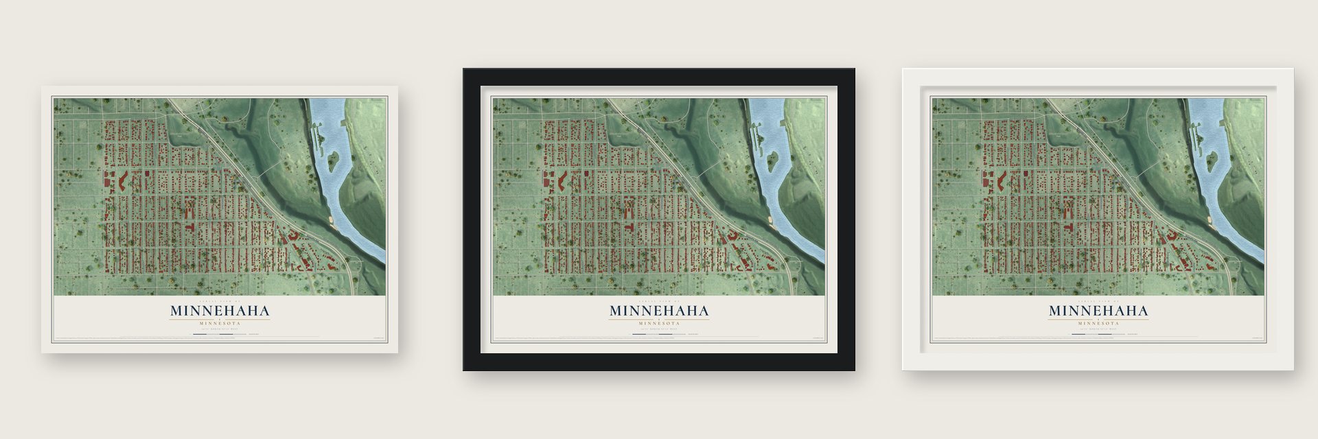 Minnehaha, Minnesota map unframed, in a black wood frame and in a white wood frame