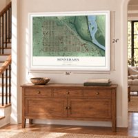 Minnehaha, Minnesota map, 24 x 36 inch print in a white frame above a dresser by a staircase