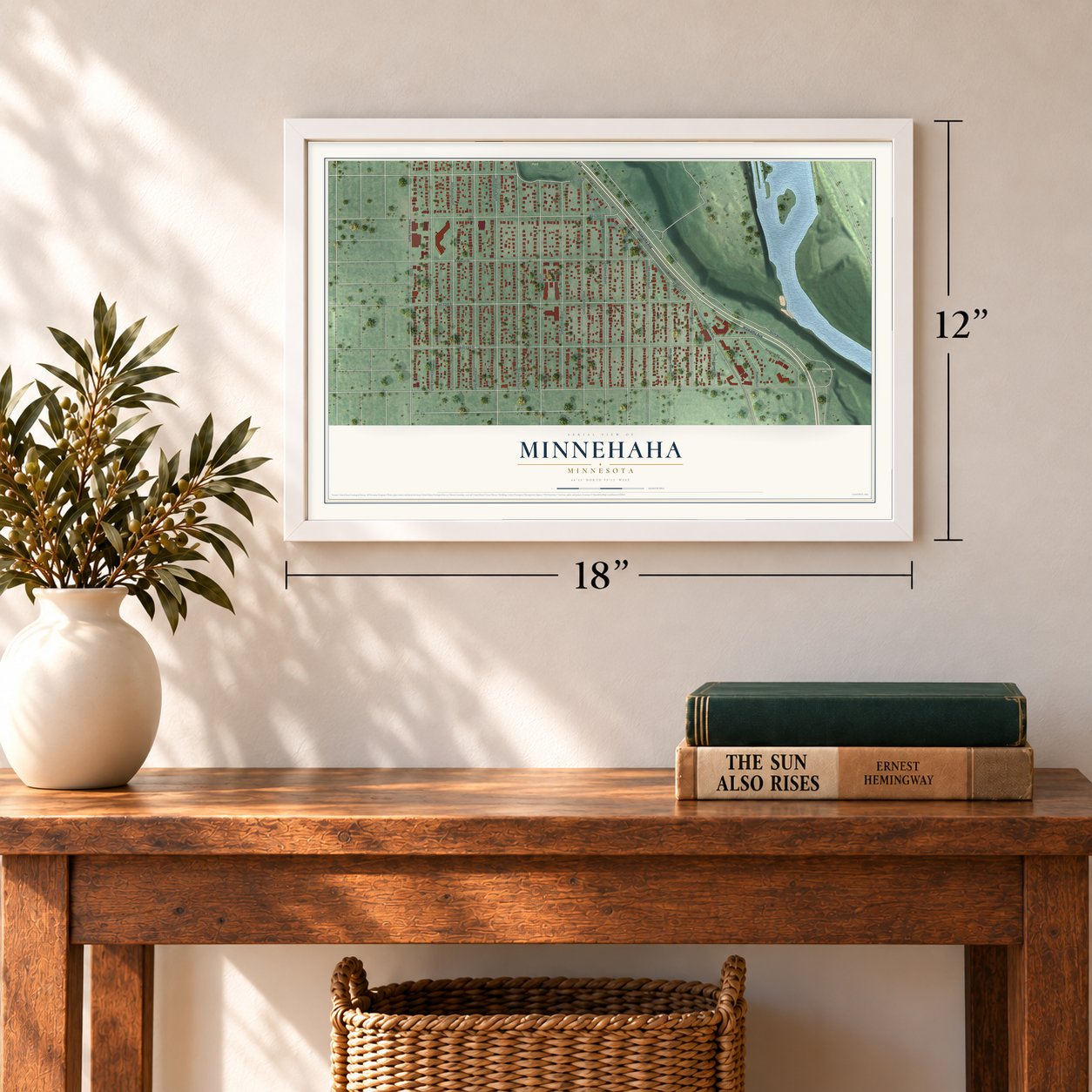 Minnehaha, Minnesota map, 12 x 18 inch print in a white frame in an entryway