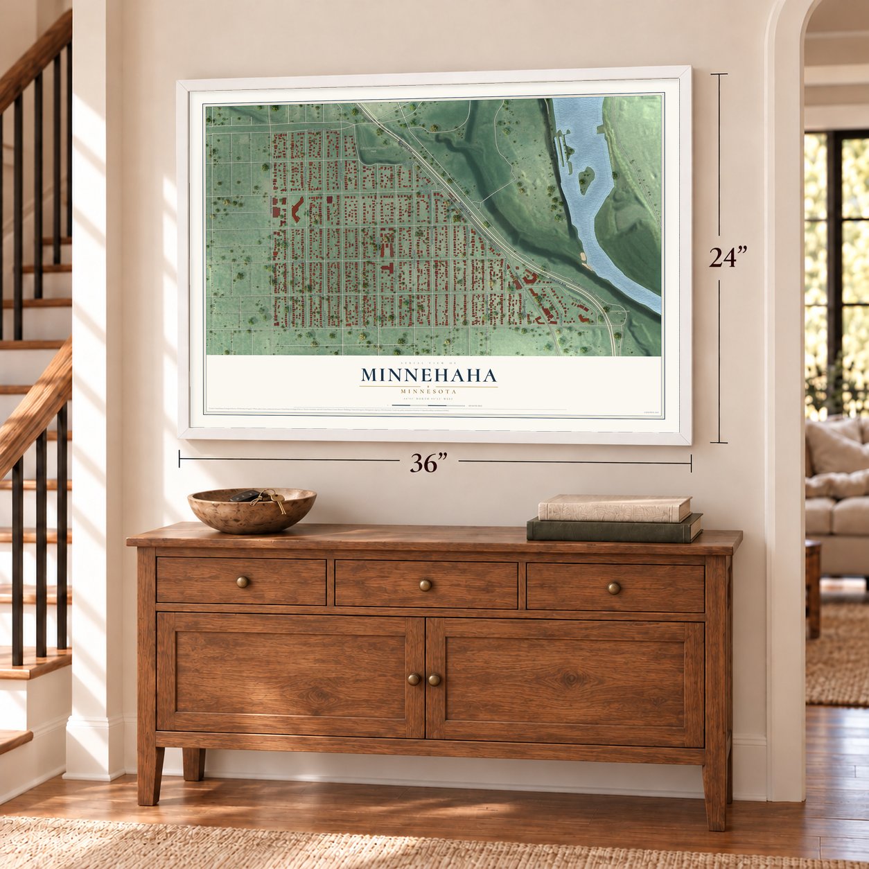Minnehaha, Minnesota map, 24 x 36 inch print in a white frame above a dresser by a staircase