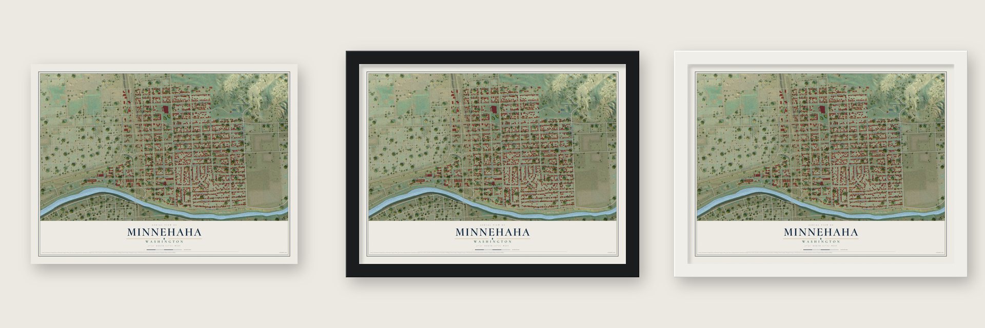Minnehaha, Spokane, Washington map unframed, in a black wood frame and in a white wood frame