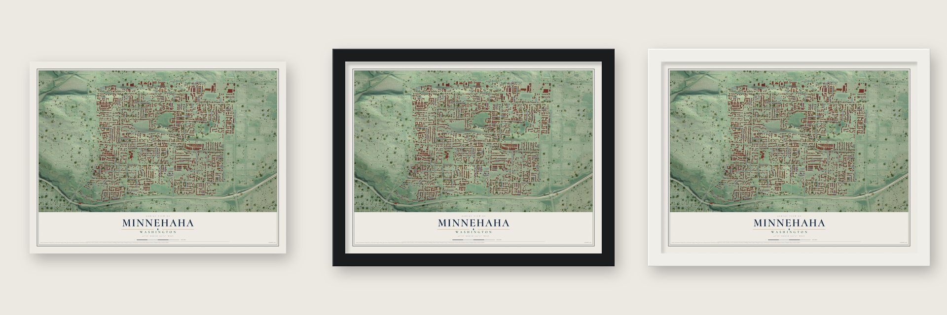 Minnehaha, Washington map unframed, in a black wood frame and in a white wood frame