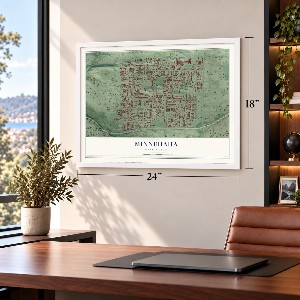 Minnehaha, Washington map, 18 x 24 inch print in a white frame in a home office