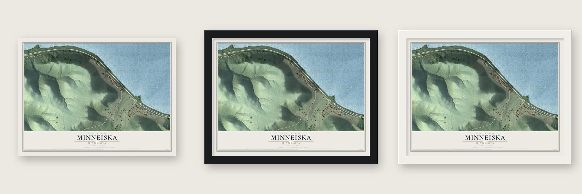 Minneiska, Minnesota map unframed, in a black wood frame and in a white wood frame