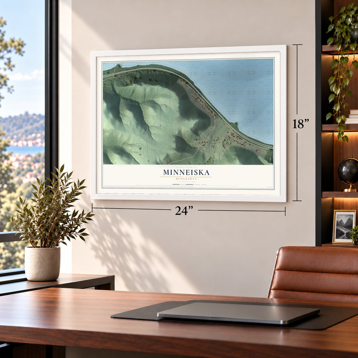 Minneiska, Minnesota map, 18 x 24 inch print in a white frame in a home office