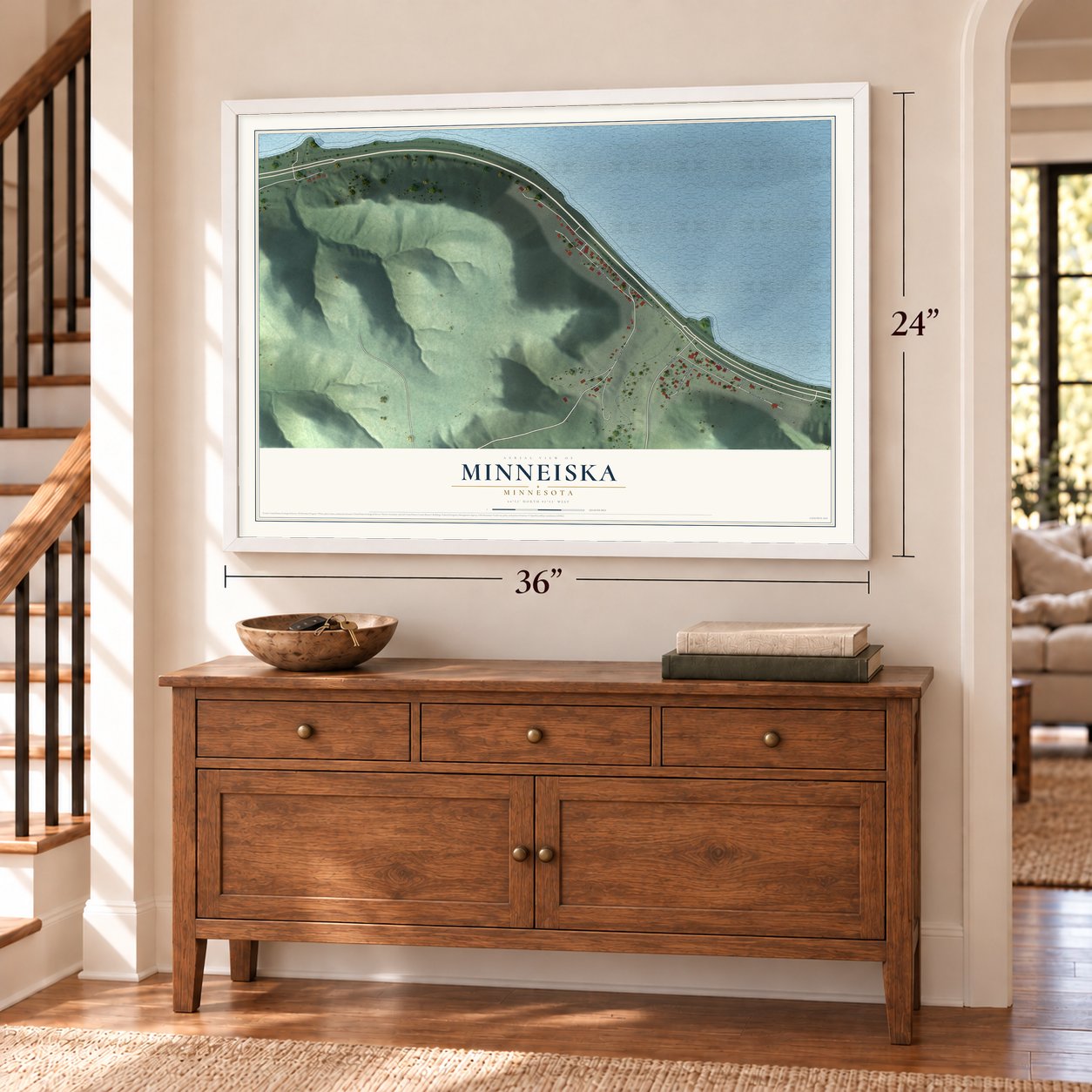 Minneiska, Minnesota map, 24 x 36 inch print in a white frame above a dresser by a staircase