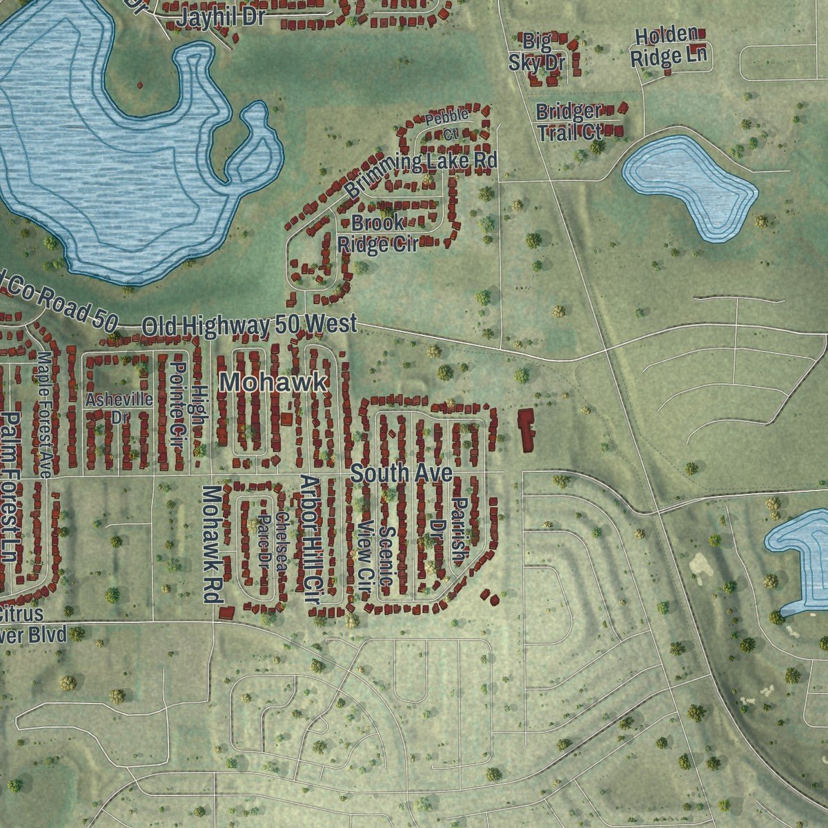 Second close-up of the map of Minneola, Florida print showing more streets and buildings
