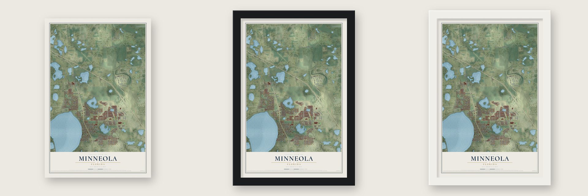 Minneola, Florida map unframed, in a black wood frame and in a white wood frame