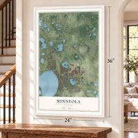Minneola, Florida map, 24 x 36 inch print in a white frame by a staircase