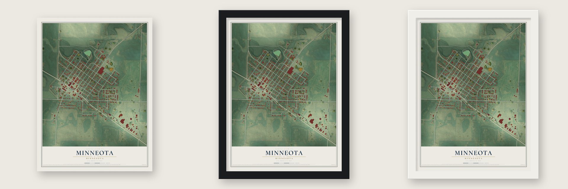 Minneota, Minnesota map unframed, in a black wood frame and in a white wood frame