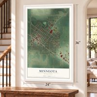 Minneota, Minnesota map, 24 x 36 inch print in a white frame by a staircase