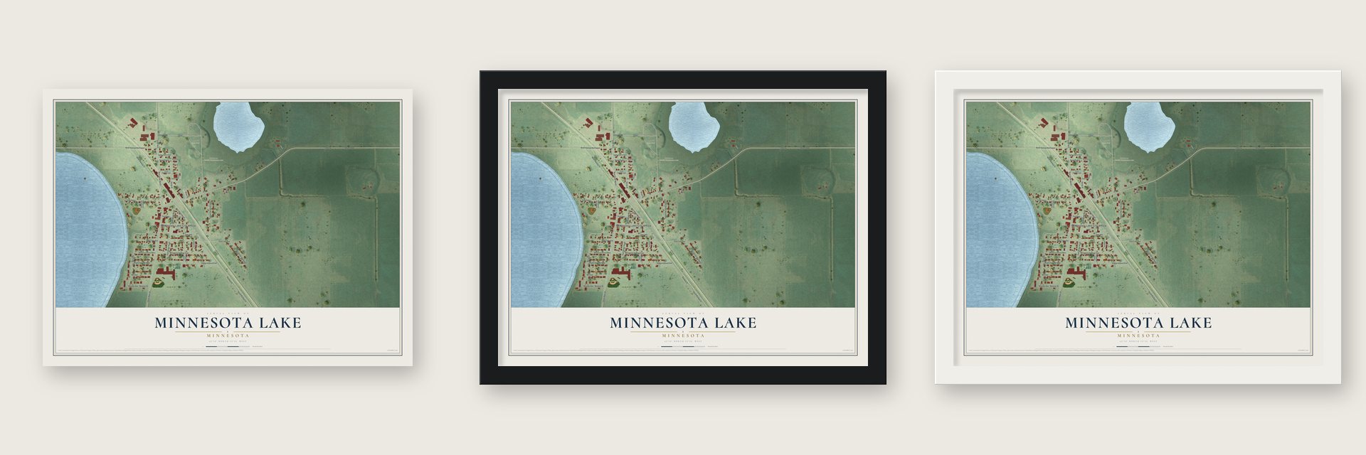Minnesota Lake, Minnesota map unframed, in a black wood frame and in a white wood frame