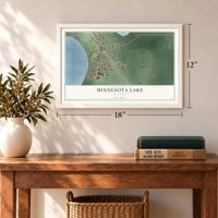 Minnesota Lake, Minnesota map, 12 x 18 inch print in a white frame in an entryway