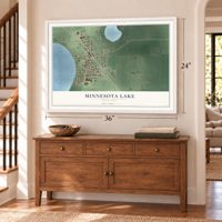 Minnesota Lake, Minnesota map, 24 x 36 inch print in a white frame above a dresser by a staircase