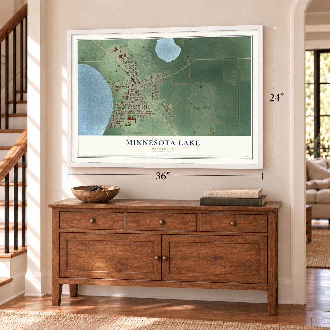 Minnesota Lake, Minnesota map, 24 x 36 inch print in a white frame above a dresser by a staircase