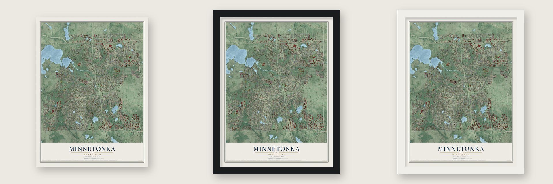 Minnetonka, Minnesota map unframed, in a black wood frame and in a white wood frame