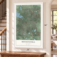 Minnetonka, Minnesota map, 24 x 36 inch print in a white frame by a staircase