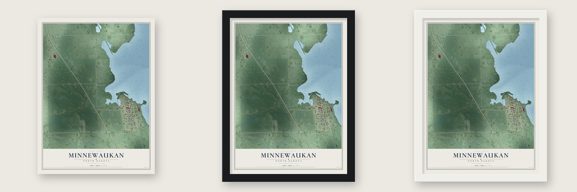 Minnewaukan, North Dakota map unframed, in a black wood frame and in a white wood frame