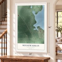 Minnewaukan, North Dakota map, 24 x 36 inch print in a white frame by a staircase