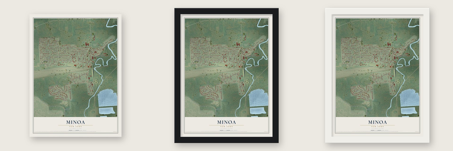 Minoa, New York map unframed, in a black wood frame and in a white wood frame