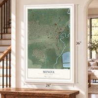 Minoa, New York map, 24 x 36 inch print in a white frame by a staircase