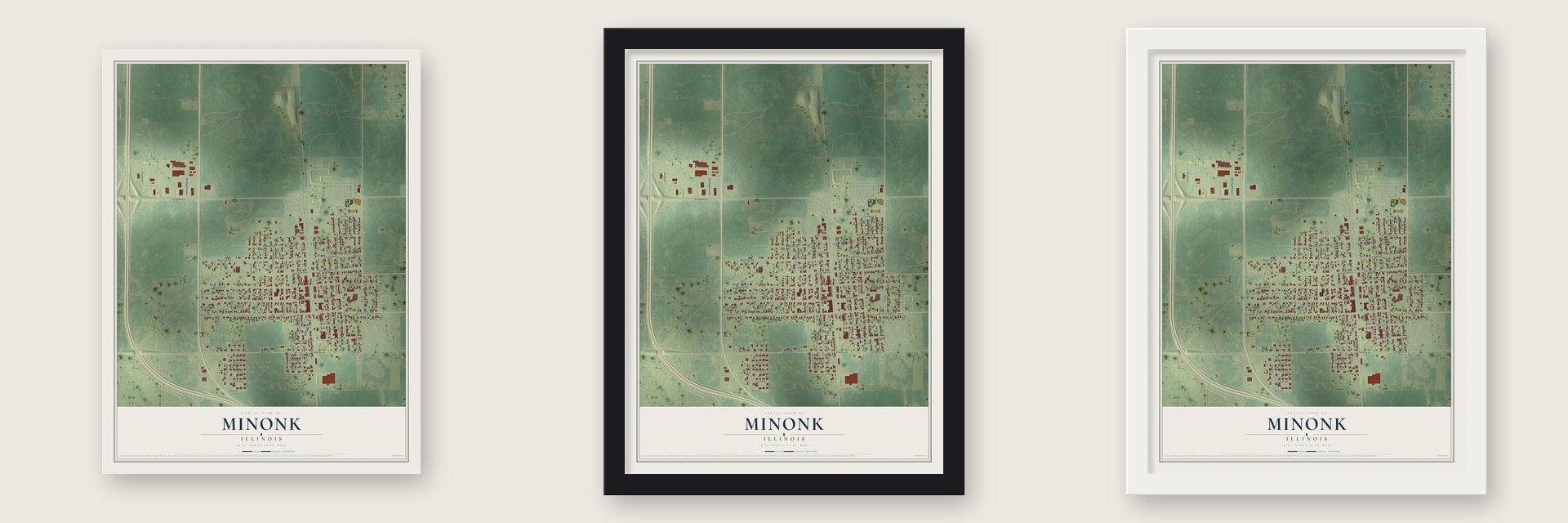 Minonk, Illinois map unframed, in a black wood frame and in a white wood frame