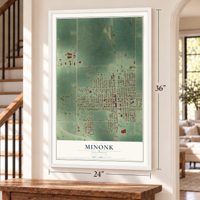 Minonk, Illinois map, 24 x 36 inch print in a white frame by a staircase