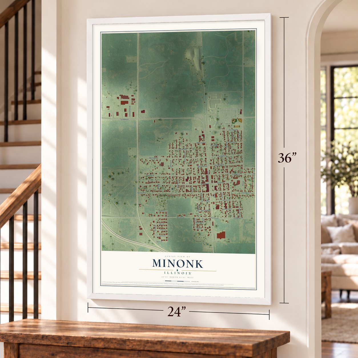 Minonk, Illinois map, 24 x 36 inch print in a white frame by a staircase