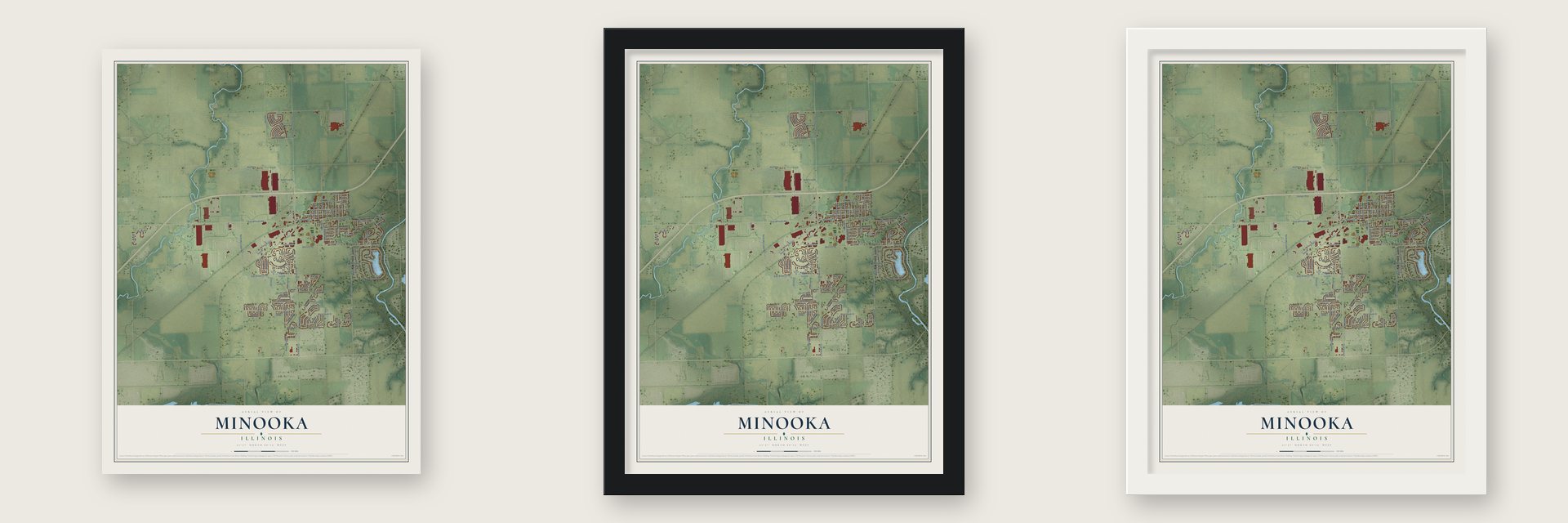 Minooka, Illinois map unframed, in a black wood frame and in a white wood frame