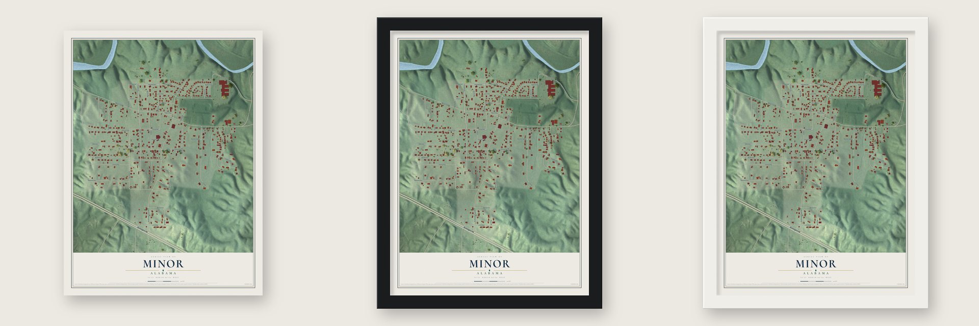 Minor, Alabama map unframed, in a black wood frame and in a white wood frame