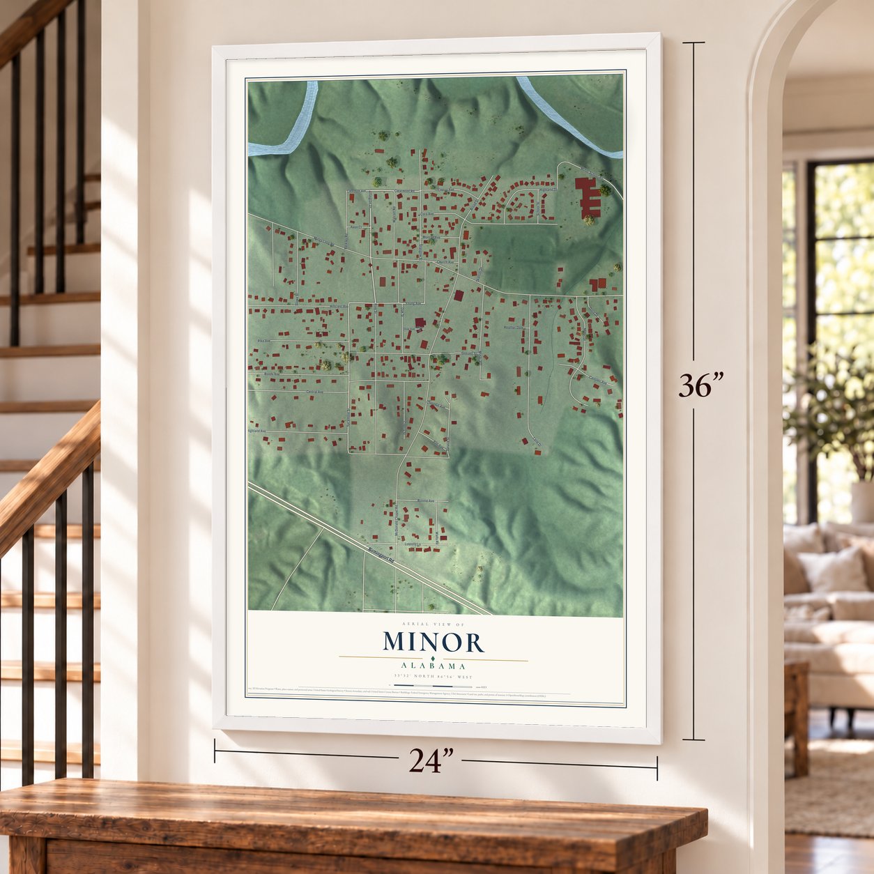 Minor, Alabama map, 24 x 36 inch print in a white frame by a staircase