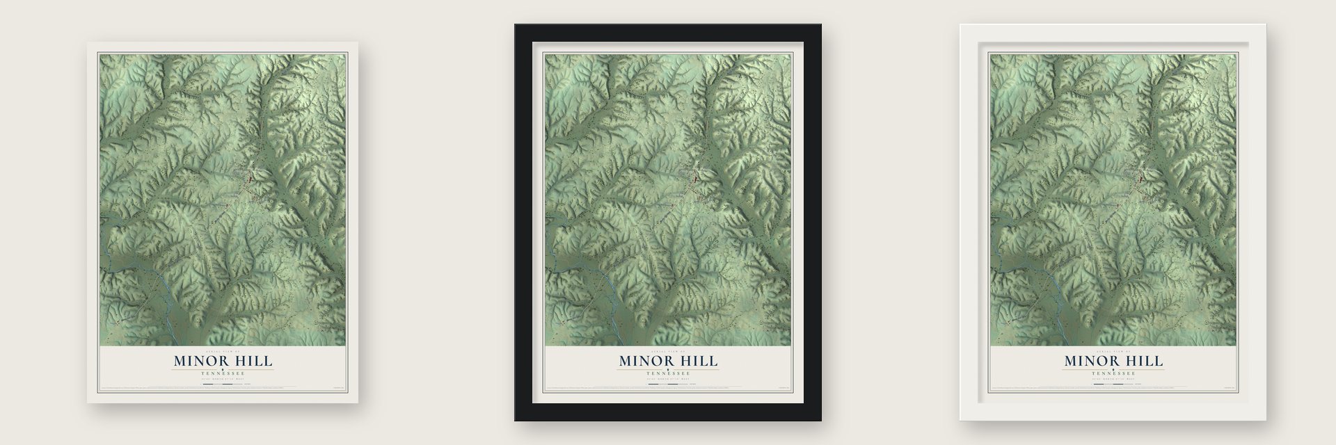Minor Hill, Tennessee map unframed, in a black wood frame and in a white wood frame