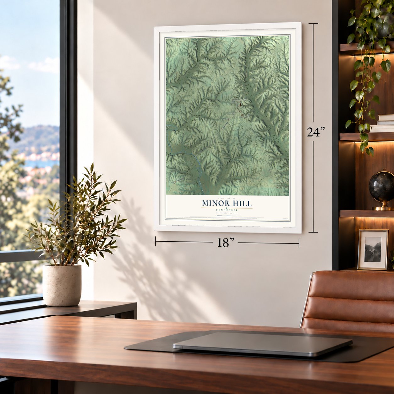 Minor Hill, Tennessee map, 18 x 24 inch print in a white frame in a home office