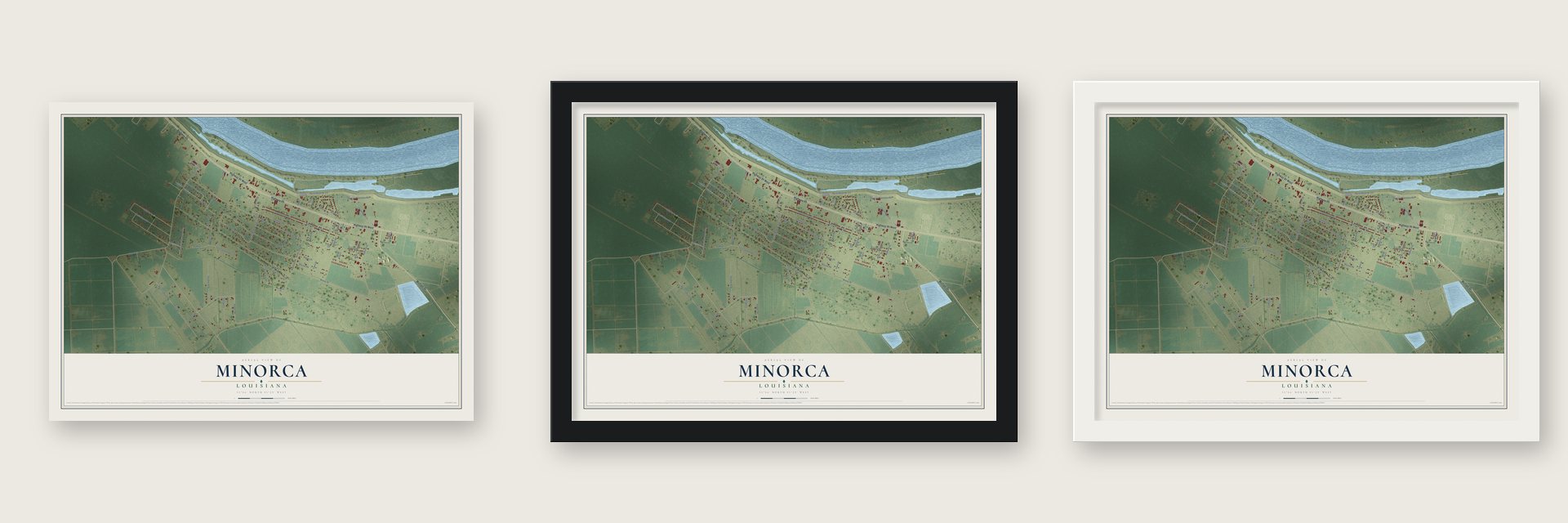 Minorca, Louisiana map unframed, in a black wood frame and in a white wood frame