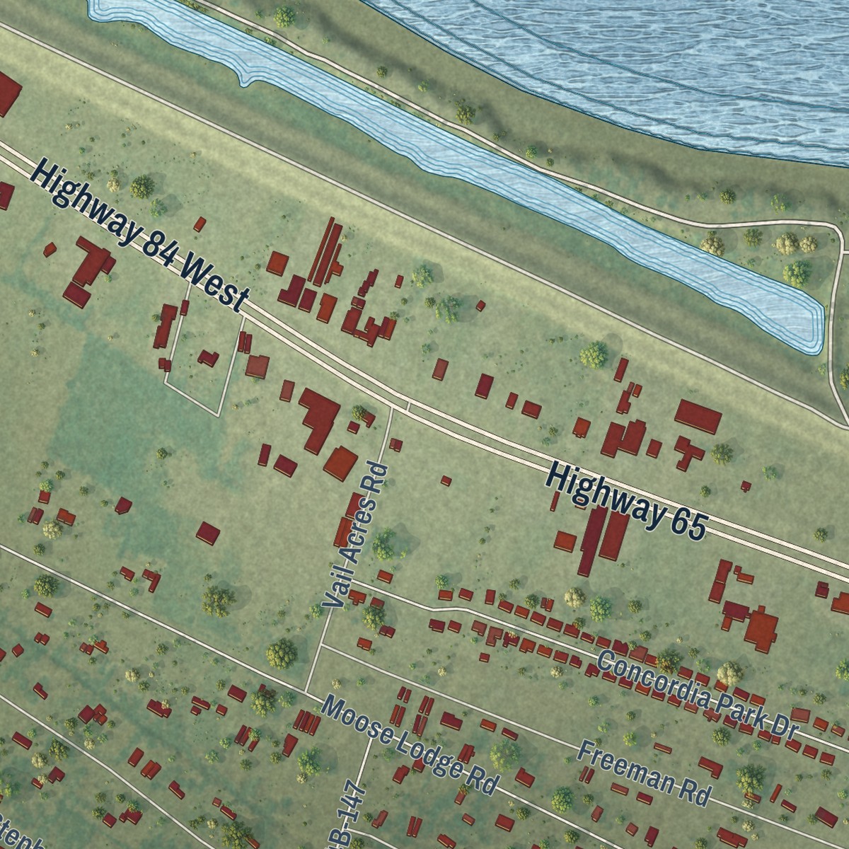 Second close-up of the map of Minorca, Louisiana print showing more streets and buildings