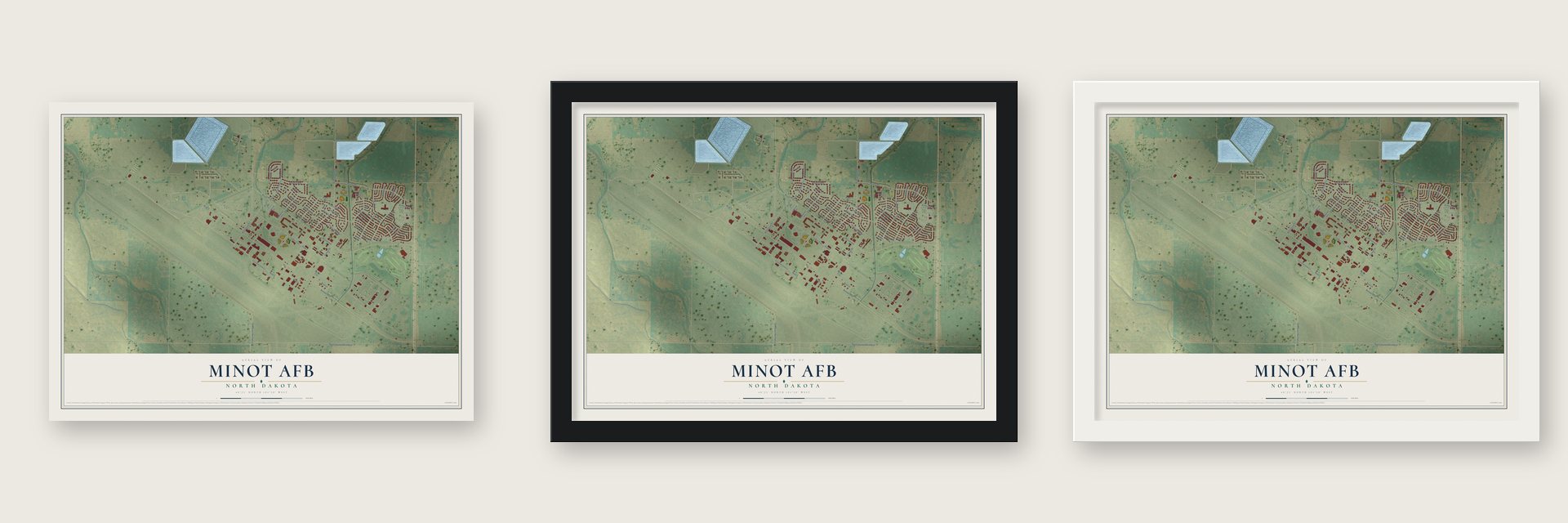 Minot AFB, North Dakota map unframed, in a black wood frame and in a white wood frame
