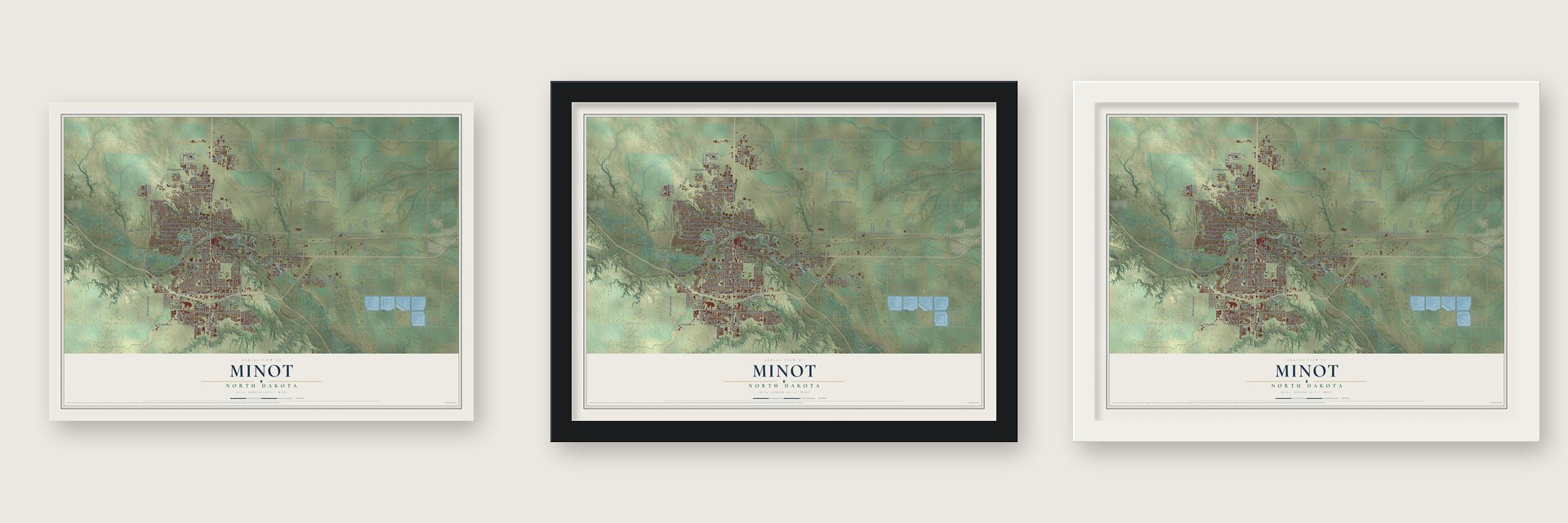 Minot, North Dakota map unframed, in a black wood frame and in a white wood frame